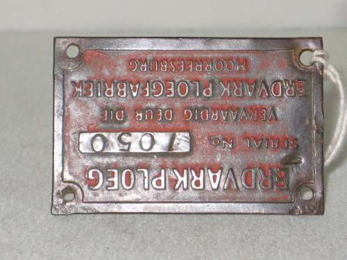 Copper Plate - Sign/Plate on Erdvark Ploeg - Moorreesburg - No 1050