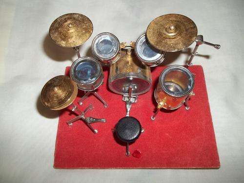 VERY VERY RARE SOLID BRASS AND SILVER PLATED MINIATURE COMPLETE DRUMKIT