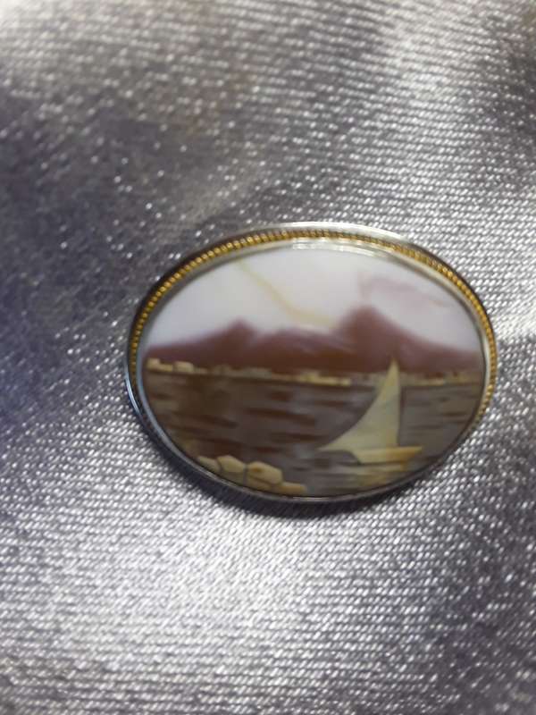 Vintage Shell Cameo Brooch with Mountains City Water Boat Scenery