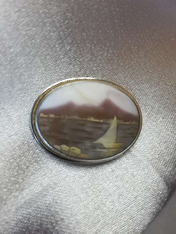 Vintage Shell Cameo Brooch with Mountains City Water Boat Scenery