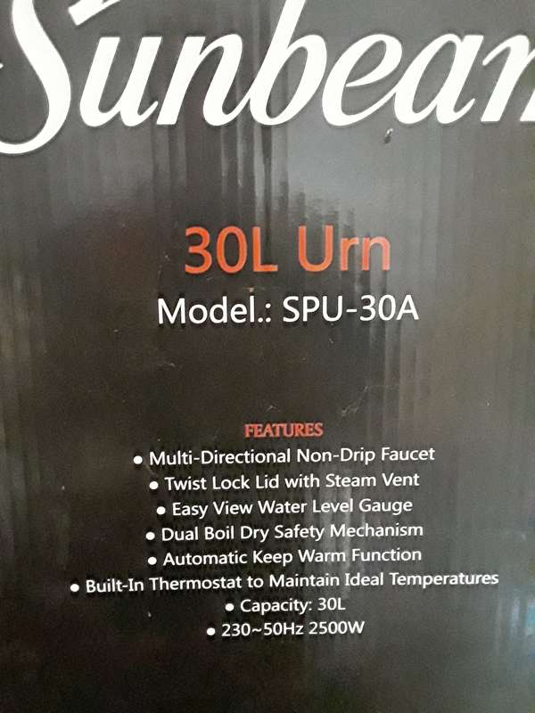 STAINLESS STEEL URN SUNBEAM 30L MODEL SPU-30A