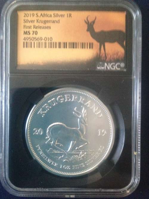 2019 Silver 1 Oz Krugerrand "First Releases" NGC MS70 Perfect. Black holder, Springbok label, scarce