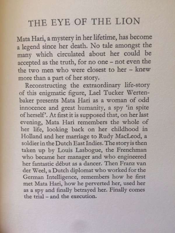 The Eye of the Lion: A Novel Based on the Life of Mata Hari - Lael Tucker Wertenbaker *1st Edition*