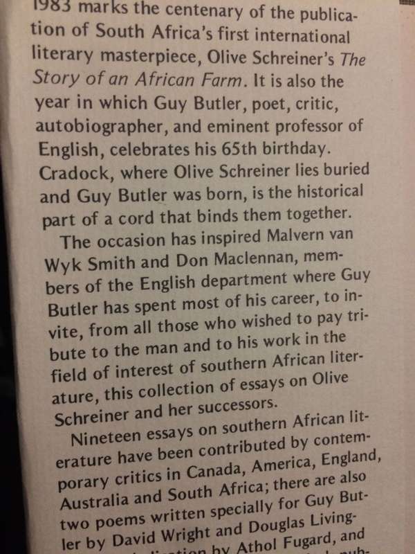Olive Schreiner and After: Essays on SA Literature - In Honour of Guy Butler (1983 1st Edition)