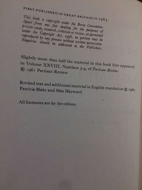Dissonant Voices in Soviet Literature - Patricia Blake & Max Hayward (1964 1st Edition HARDCOVER)