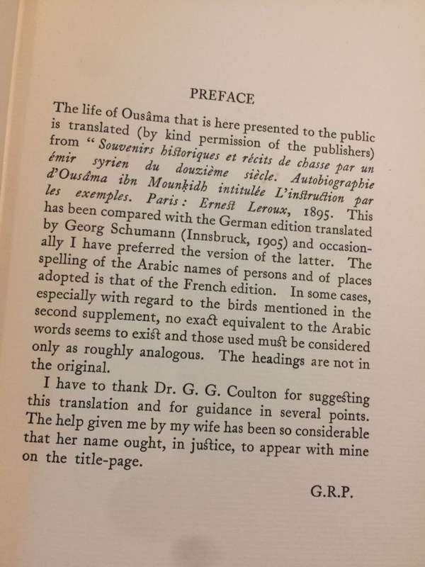 The Autobiography of Ousama - Ousama Ibn Mounkidh 1095 - 1188 (1929 1st Edition HARDCOVER)