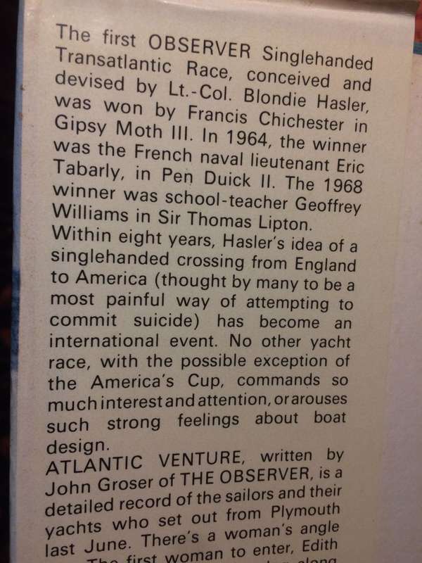 Atlantic Venture: The Observer Singlehanded Transatlantic Race - John Groser (1968 1st Edition)