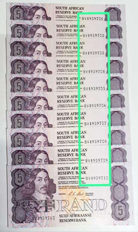 FIVE RANDS S.A. * SEQUENCE *10  BANK NOTES  SER NO: BV4939701 TO BV4939710 *NUMBERS VERY SCARCE *UNC