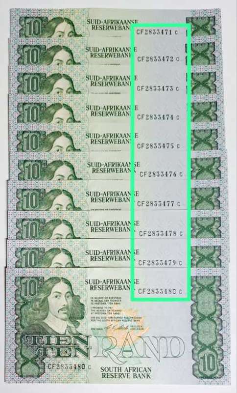 TEN RAND S.A. * SEQUENCE * 10 BANK NOTES SER NO: CF2833471C TO CF2833480C *NUMBERS VERY SCARES* UNC