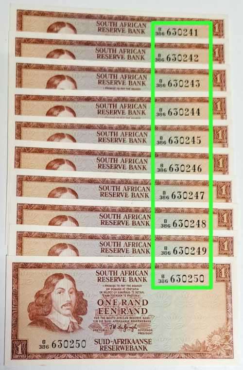 ONE RAND S.A. *SEQUENCES *10 BANK NOTES SER NO:B386630241 TO B386630250 *NUMBERS VERY SCARES *