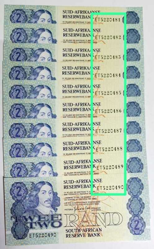 TWO RAND S.A. *SEQUENCE * 10 BANK NOTES SER NO: ET5220481 TO ET5220490 * NUMBERS VERY SCARES *