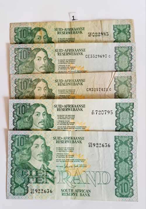 SIUD-AFRIKAANS RESERWEBANK SET OF 5×R10 NOTES! !!!!,