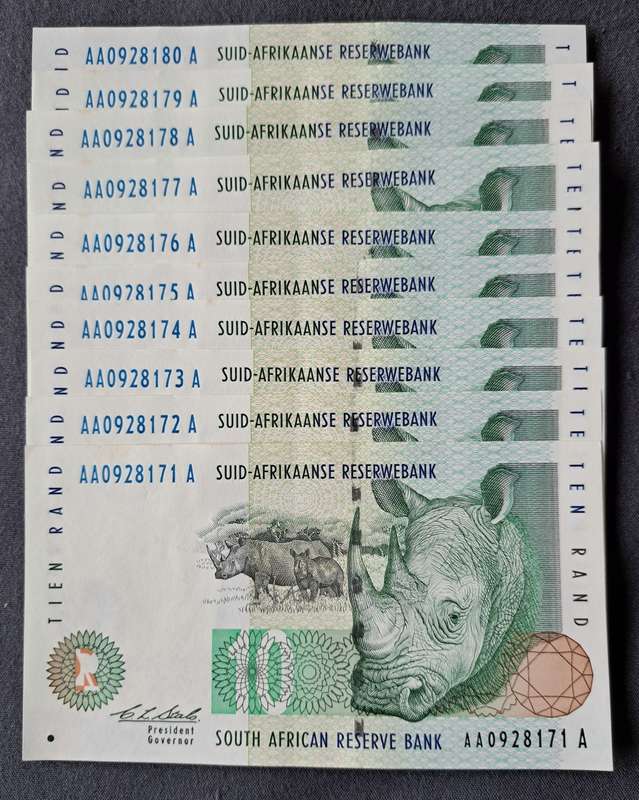 10 × CHRIS STALS R10 BANKNOTES IN SERIAL NUMBER SEQUENCE ** AA** UNC ** NEW**& SCARES **