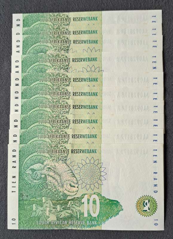10 × CHRIS STALS R10 BANKNOTES IN SERIAL NUMBER SEQUENCE ** AA** UNC ** NEW**& SCARES **