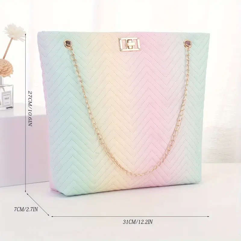 Fashion Gradient Tote Bag, Trendy Quilted Shoulder Bag, Women`s Casual Handbag For Commute Work