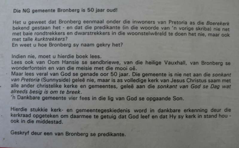 Sonkant, Bronberg 1942-1992 1914-1989, die verhaal van die Bronberg kerk in Pretoria