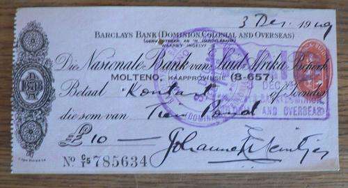 JOHANNES MEINTJES (SA Artist) Original autograph on bankcheque.