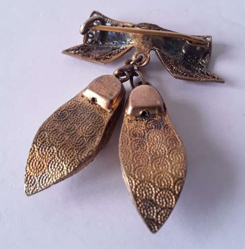 Gorgeous Filigree Gold Gilt on Solid Silver Bow & Clogs Brooch from Beira Mozambique