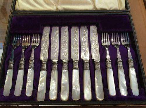 Dessert/Fruit cutlery set - sterling silver mounted collar