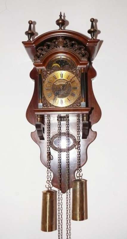 Warmink Dutch pendulum wall clock, beautiful nut wood Sallander 8 day with moon phase.
