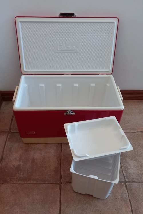 Vintage Coleman Metal Cooler/Ice Chest, with red finish.