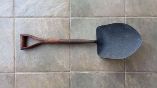Vintage Coal Shovel, metal forged with authentic split shaft wooden handle.