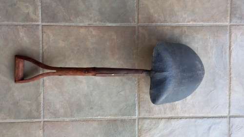 Vintage Coal Shovel, metal forged with authentic split shaft wooden handle.
