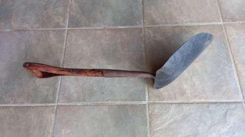 Vintage Coal Shovel, metal forged with authentic split shaft wooden handle.