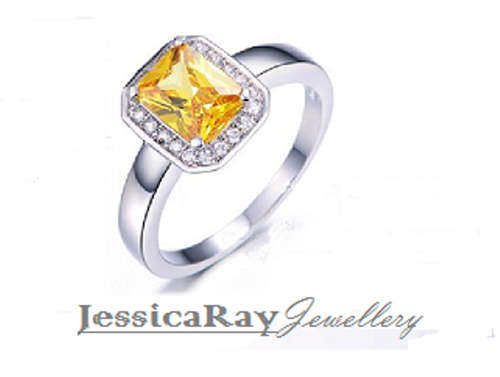 18k White Gold Plated Ring with Cubic Zirconia Yellow Diamond - USA SIZE 8