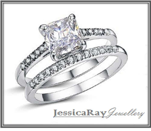 2 Band Princess Cut Engagement ring, White Gold/Rhodium Plated - USA SIZE 7.5