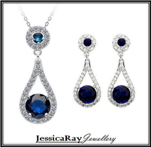Sterling Silver (S 925) and CZ Sapphire  Pendant and Matching, Dangling Earrings
