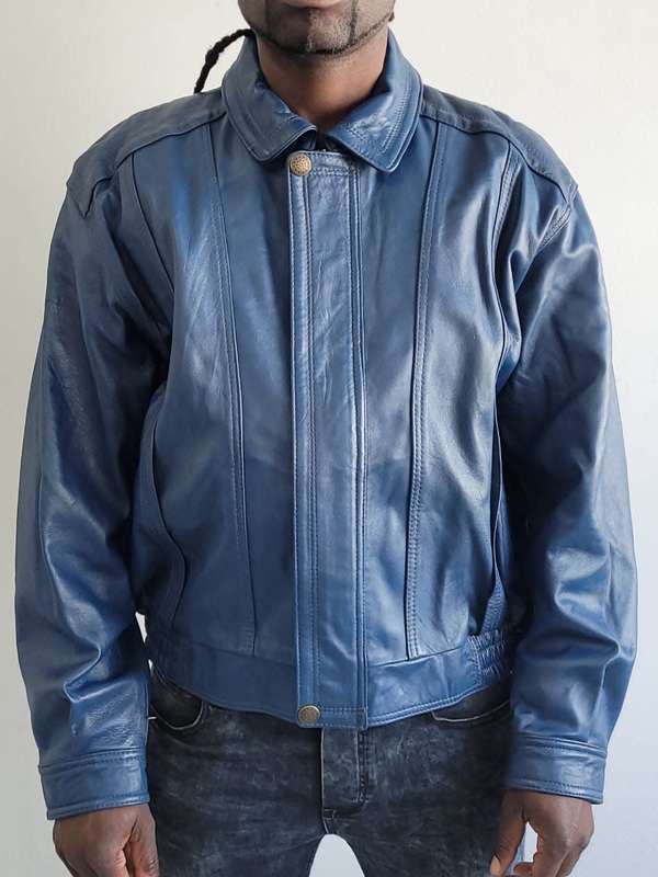 Navy Blue Leather Jacket Men`s M/L