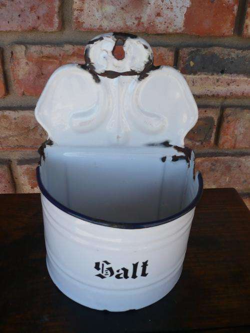 OLD SALT BOX IN WHITE ENAMEL WITH BLUE RIM