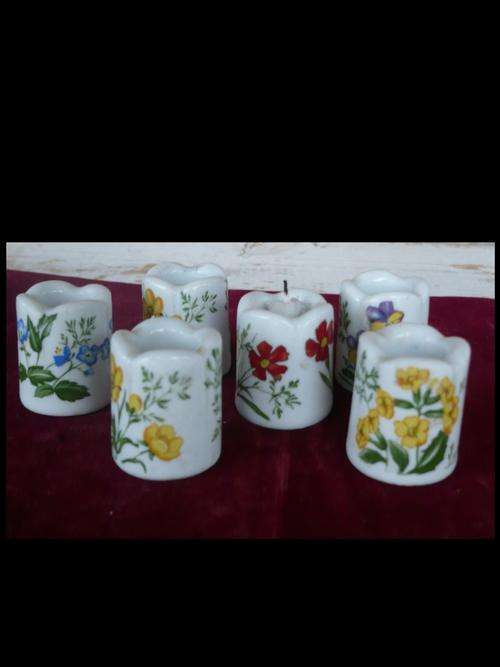 FUNNY DESIGN  SIX HAND PAINTED CANDLE HOLDERS W GERMANY
