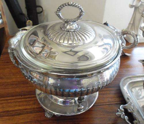 SILVER PLATED SERVING DISH ON STAND WITH BURNER