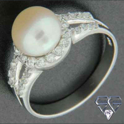 Solid 925 Sterling Silver & CZ + Pearl ring size 7# + 3.10g