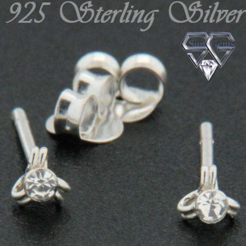 Solid 925 Sterling Silver & CZ Earrings 2mm (stone) + 0.24g