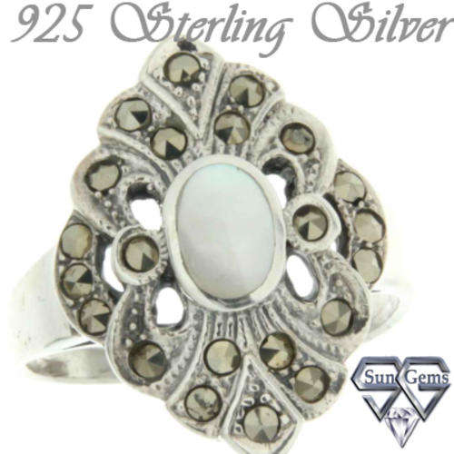 Solid 925 Sterling Silver & Marcazite & MOP ring 6#+ 3.65g