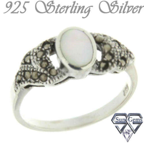 Solid 925 Sterling Silver & Marcazite & MOP ring 7#+ 2.73g