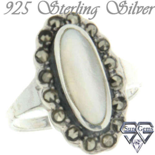 Solid 925 Sterling Silver & Marcazite & MOP ring 8#+ 3.48g