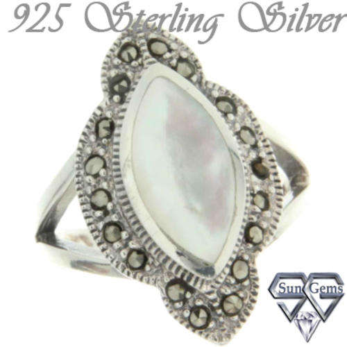 Solid 925 Sterling Silver & Marcazite & MOP ring 6.5#+ 5.97g