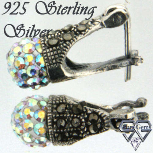 Solid 925 Sterling Silver + Crystal & Marcazite earrings 16mm + 2.30g