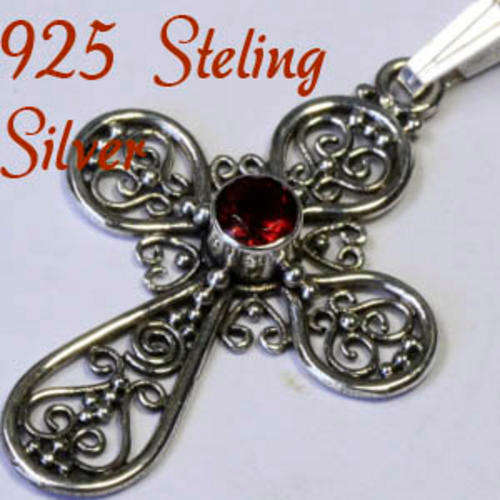 Solid 925 Sterling Silver & Natural  Garnet Pendant 37mm + 1.61g