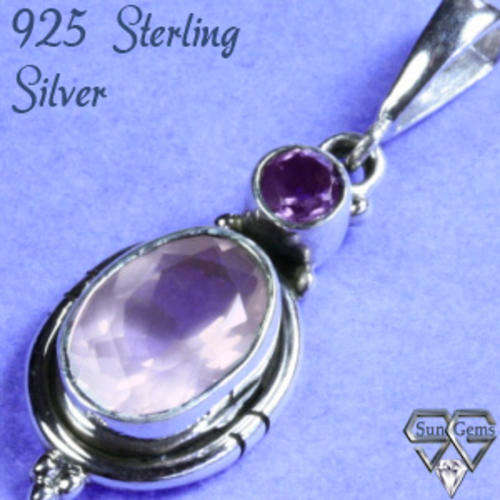 Solid 925 Sterling Silver & Rose Quartz + Amethyst pendant 36mm + 3.27g