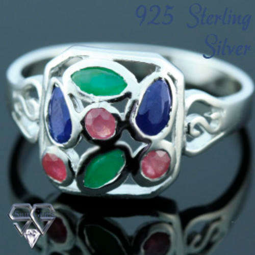 Solid 925 Sterling Silver & Mix Gemstone ring size 9# + 3.08g