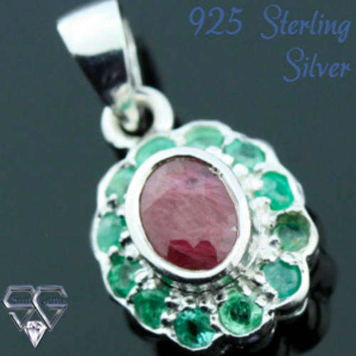 Solid 925 Sterling Silver & Ruby + Emerald pendant 22mm + 2.42g