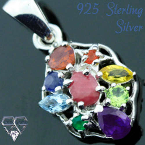 Solid 925 Sterling Silver & Mix Gemstones pendant 25mm + 2.86g