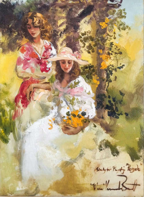Marie Vermeulen-Breedt - Young girls in garden - Oil on canvas 590 x 420mm