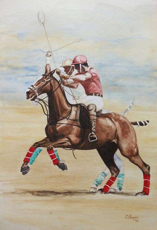 Watercolour painting Polo Players by C Cowper