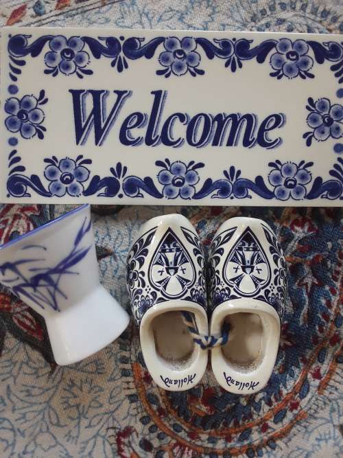 Lovely*Dutch wooden clogs*Blue & white "Welcome"sign +1 more